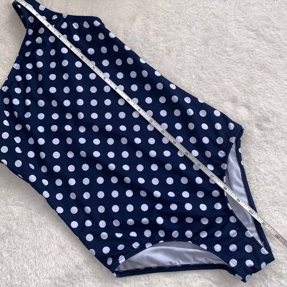 Land’s End Navy Polka Dot Rainbow Shoulder Swimsuit 10 EUC